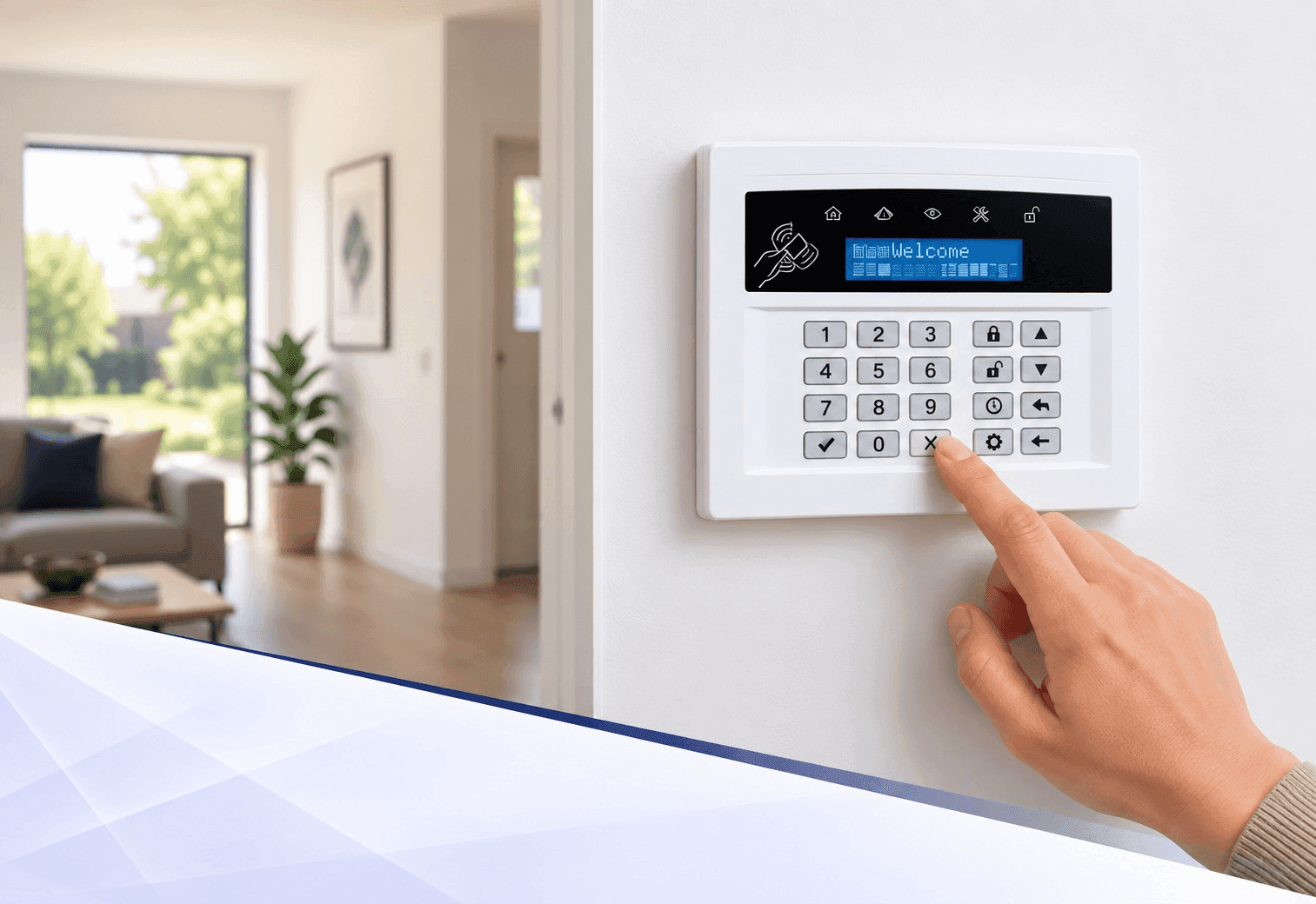 Alarm keypad being used to set the system