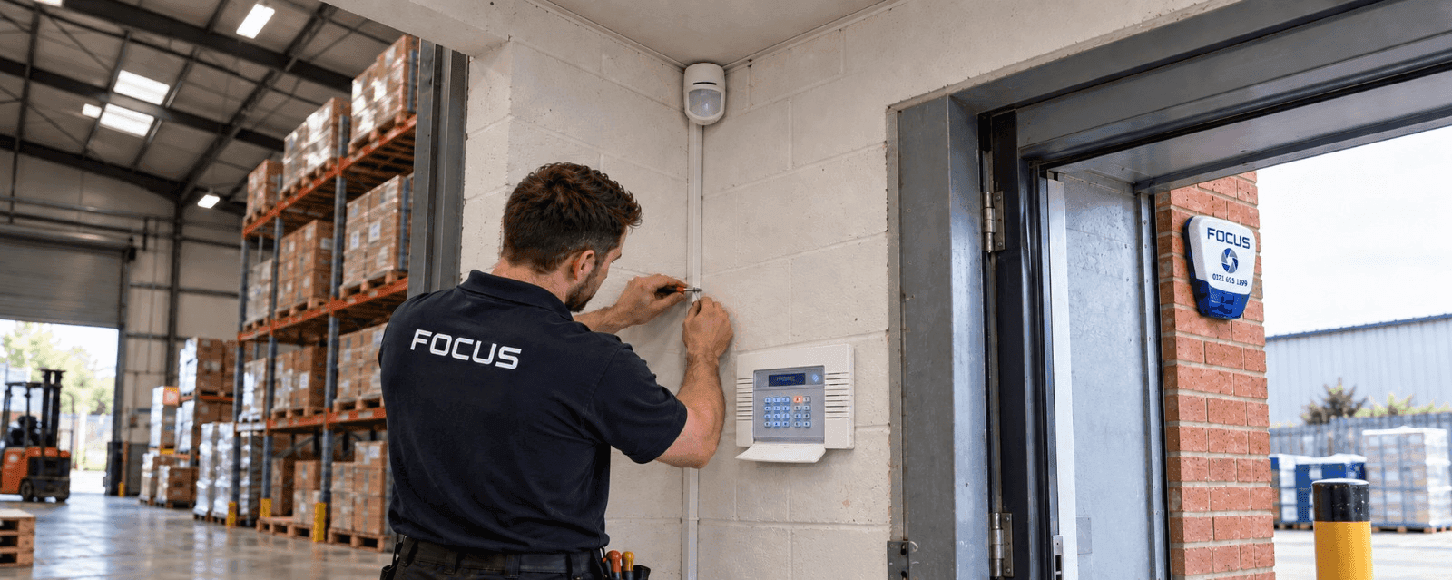 Focus engineer fitting a hard-wired alarm keypad and detector in a warehouse, with a Focus sounder outside